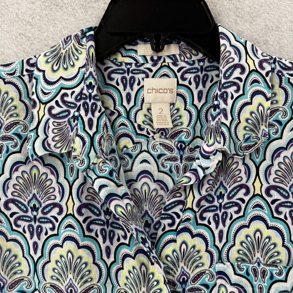 Chicos Shirt Womens 2 (LARGE) No-Iron 100% Linen Button-Up 3/4 Sleeve EUC - Picture 6 of 15